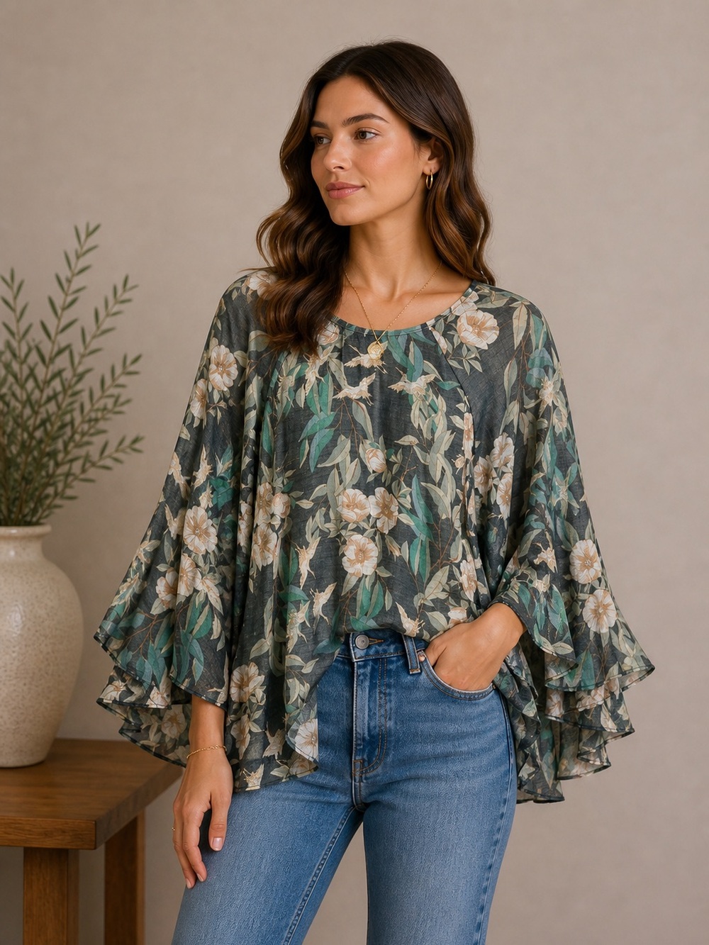 LC Lauren Conrad Floral Ruffle Sleeve Blouse - Green and Cream